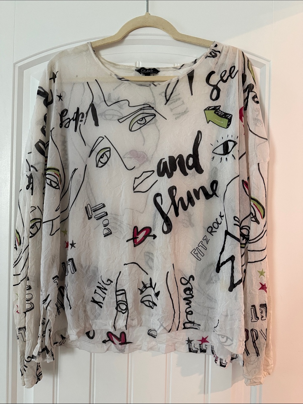 CHARLIE B Sheer White Graphic Long-Sleeve Blouse with Multi Accents